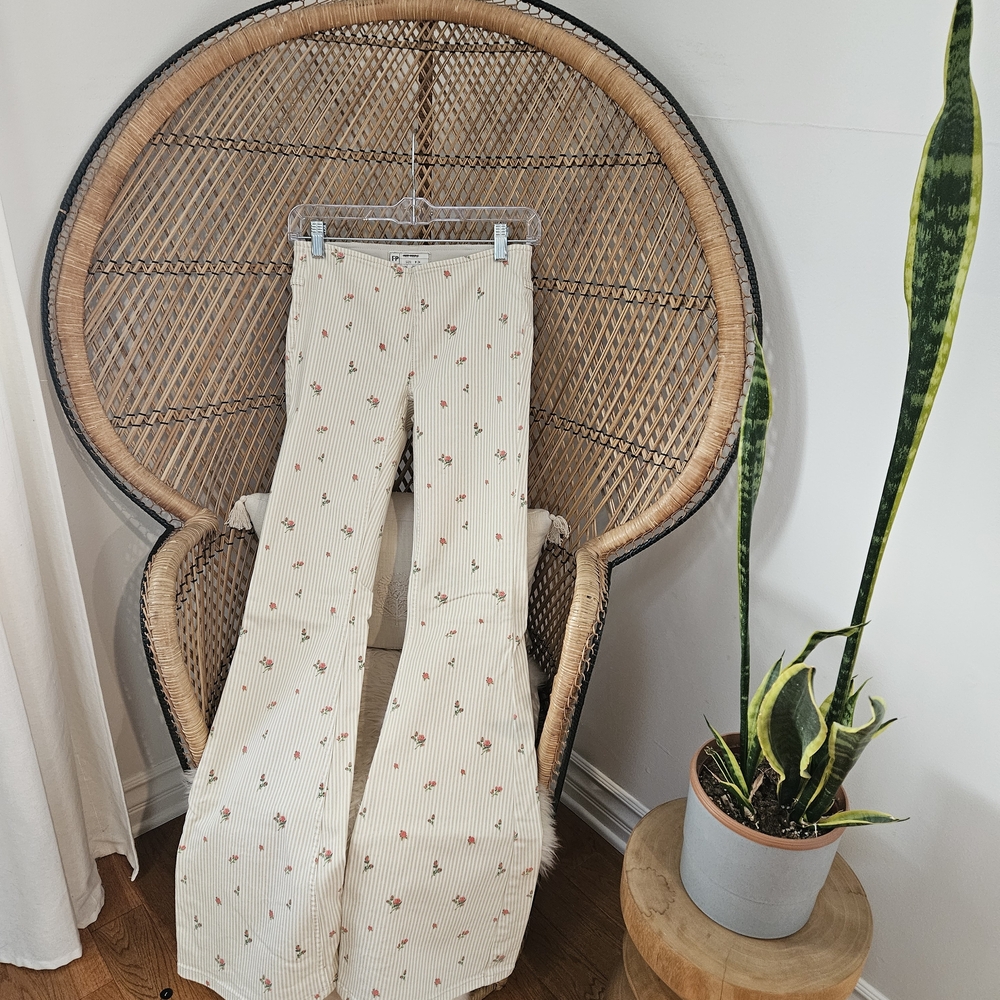 Free People Cream Floral Ribbed Bootcut Pants